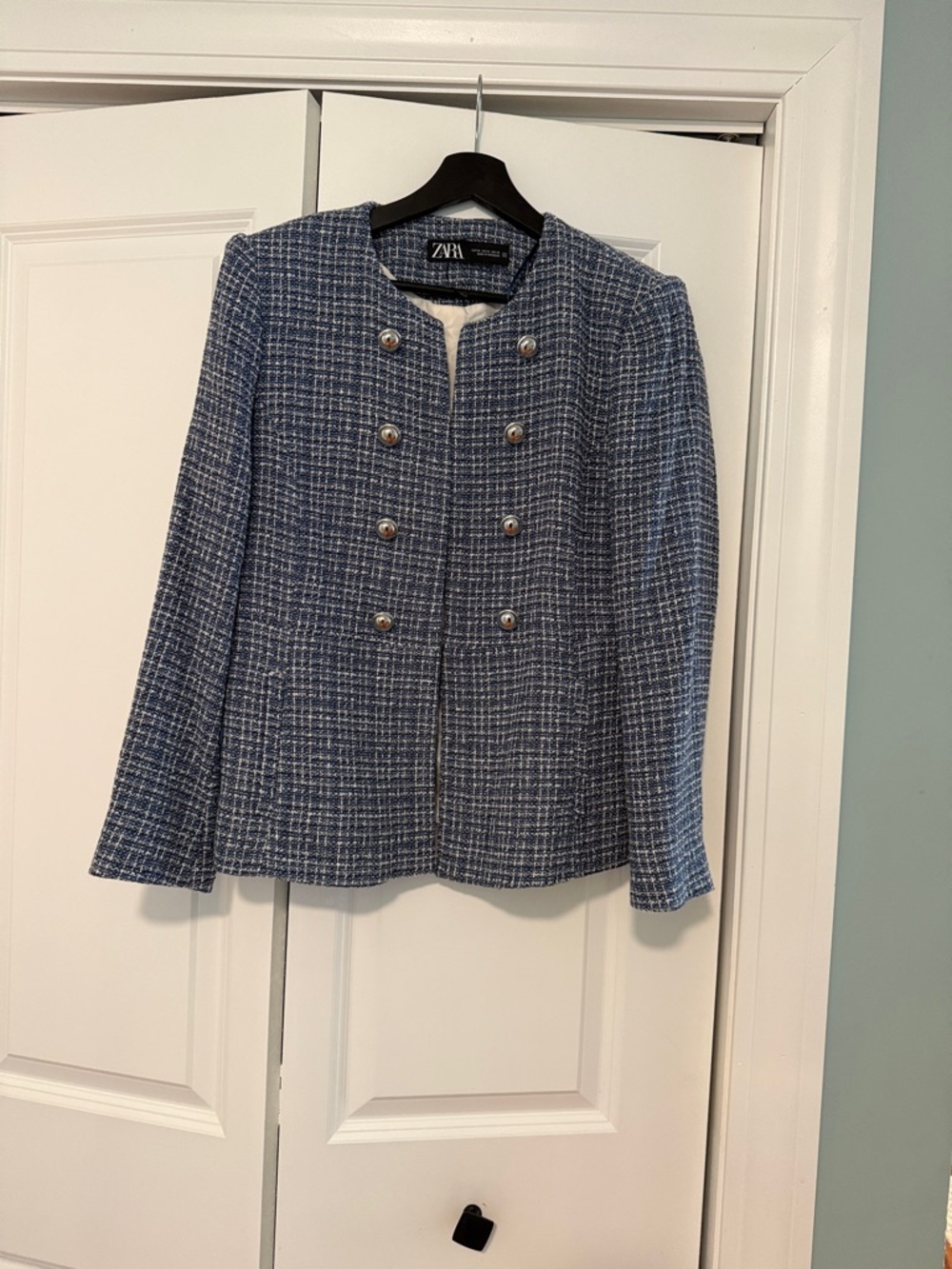 Zara Navy and White Tweed Double-Breasted Blazer